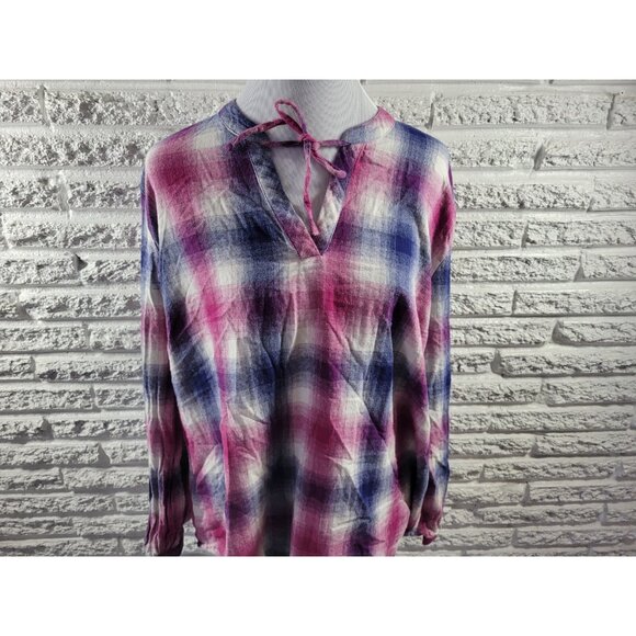Bit Bridle Womens Top 2X Plus Tunic Long Sleeve Purple Blue Plaid PLA135XE - Picture 3 of 8